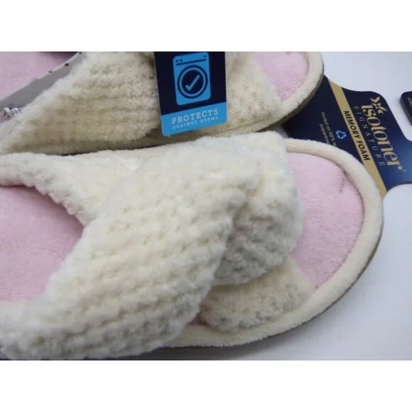 Isotoner Popcorn ECO Microterry Slide Slippers with Memory Foam, Ivory, XL - Picture 6 of 9